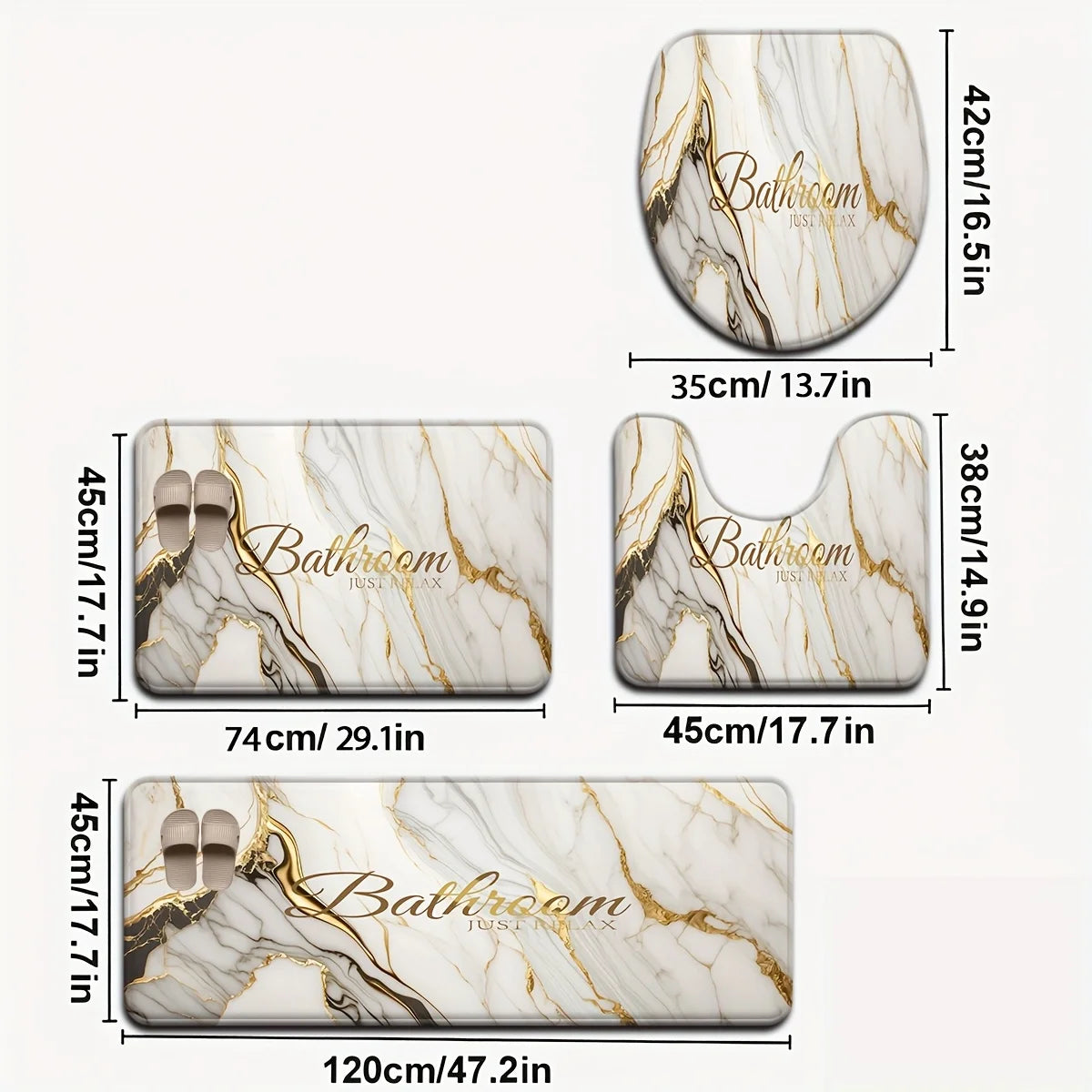 Conjunto de banheiro de mármore dourado de 3 peças – assento de vaso sanitário antiderrapante + tapete em forma de U, decoração de banheiro com padrão de mármore branco luxuoso