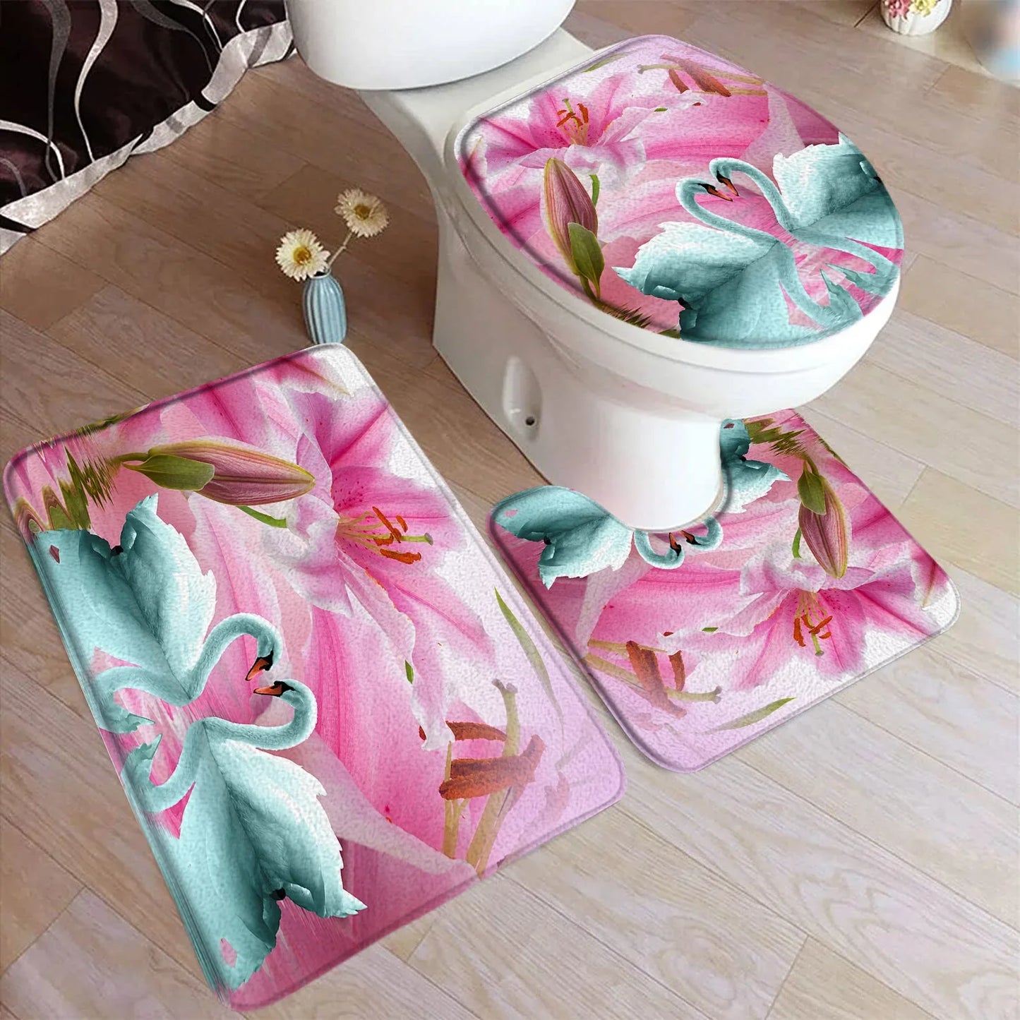 Floral branco cisne conjunto tapete de banho vermelho rosa flor animal reflexão água preto casa tapete decoração do banheiro tapetes capa toalete