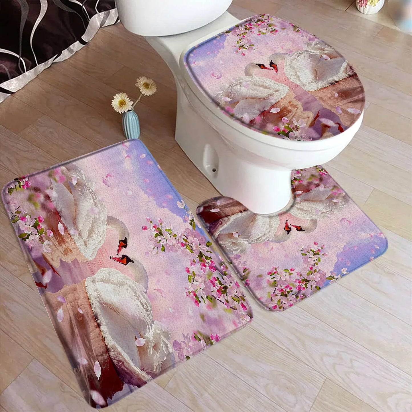 Floral branco cisne conjunto tapete de banho vermelho rosa flor animal reflexão água preto casa tapete decoração do banheiro tapetes capa toalete