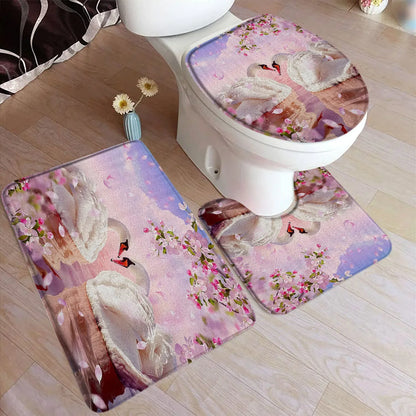 Floral branco cisne conjunto tapete de banho vermelho rosa flor animal reflexão água preto casa tapete decoração do banheiro tapetes capa toalete