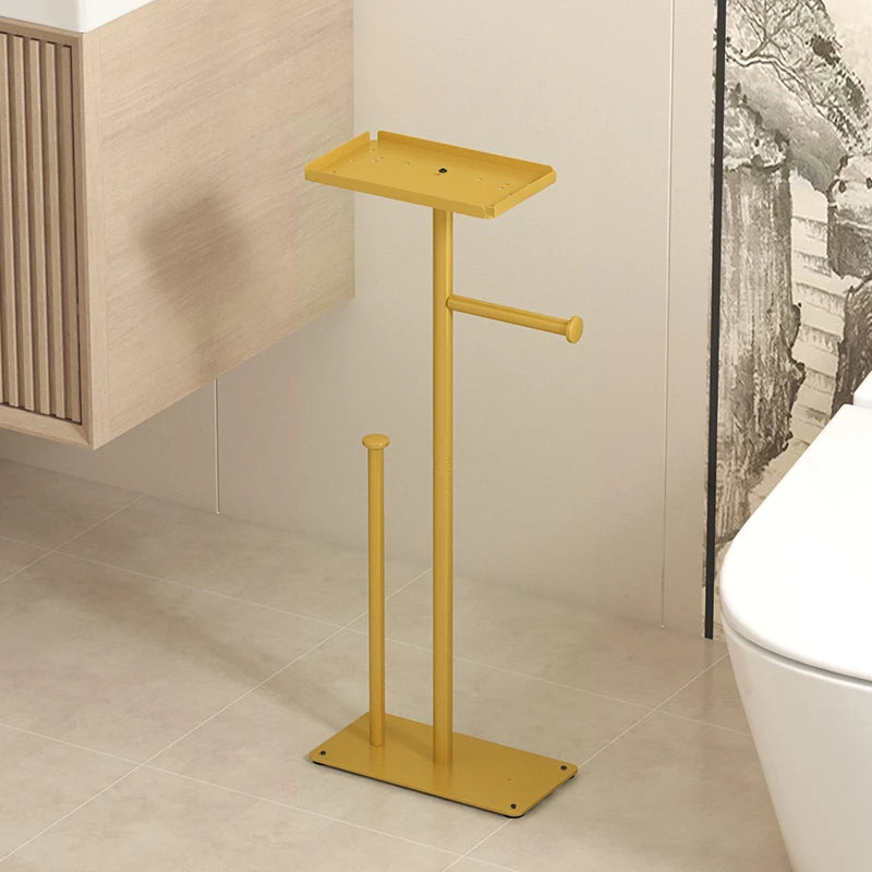 Rack de papel higiênico de chão, rack sanitário de banheiro dourado com bandeja de telefone, rack de armazenamento multifuncional