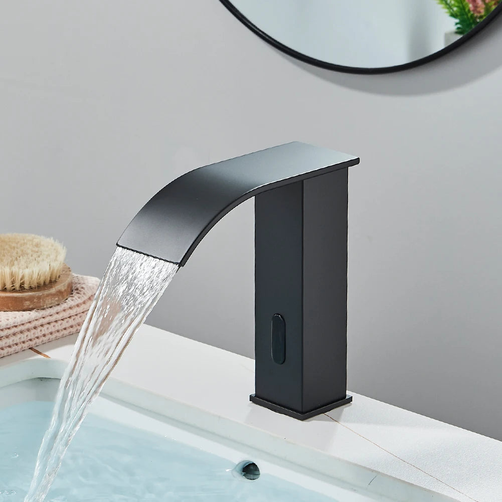 Rozin preto inteligente sensor torneira da bacia do banheiro touchless automático sentido misturador cachoeira água quente e fria lavatório guindaste