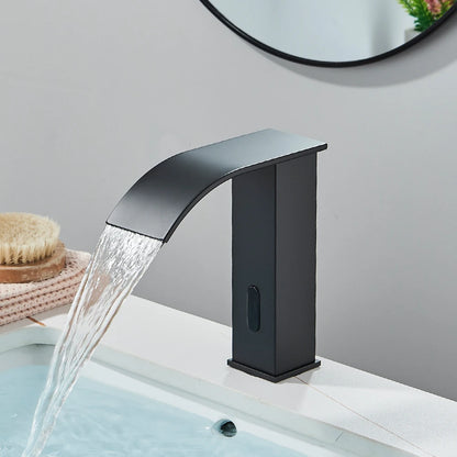 Rozin preto inteligente sensor torneira da bacia do banheiro touchless automático sentido misturador cachoeira água quente e fria lavatório guindaste