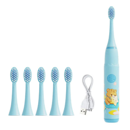 Crianças escova de dentes elétrica dos desenhos animados crianças com cabeça substituição ultra sônica ipx7 à prova dwaterproof água recarregável sonic escova