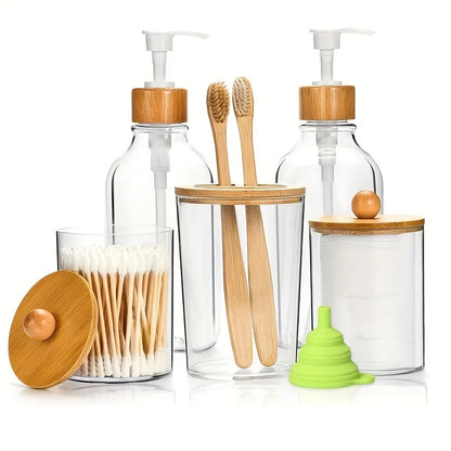 Conjunto de 4 acessórios de banheiro de bambu, dispensador de sabonete, suporte de escova de dentes, 2 potes de suporte de cotonete, decoração de banheiro do país boêmio