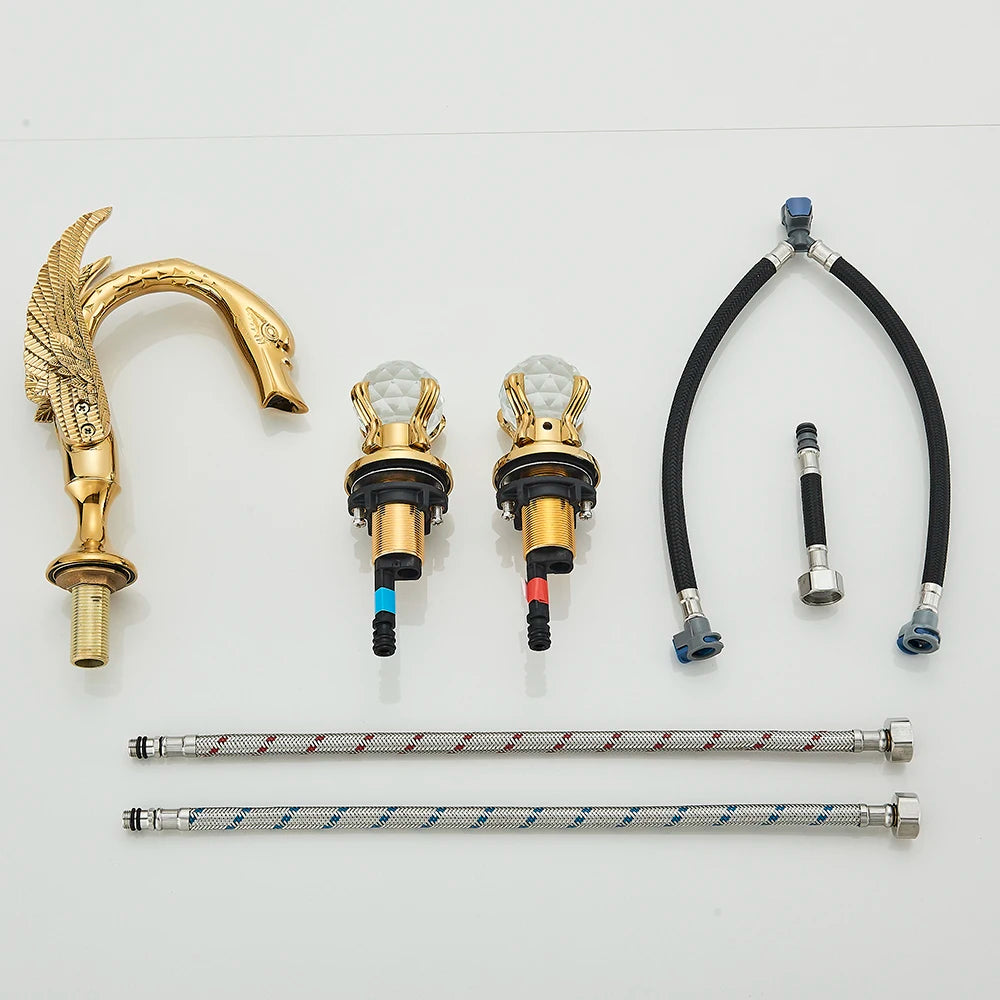 Poiqihy cisne torneira da bacia deck montado navio do banheiro pia misturadora alças duplas 3 furos generalizada torneira do banheiro dourada