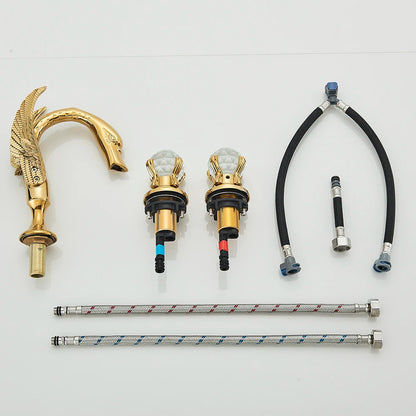 Poiqihy cisne torneira da bacia deck montado navio do banheiro pia misturadora alças duplas 3 furos generalizada torneira do banheiro dourada