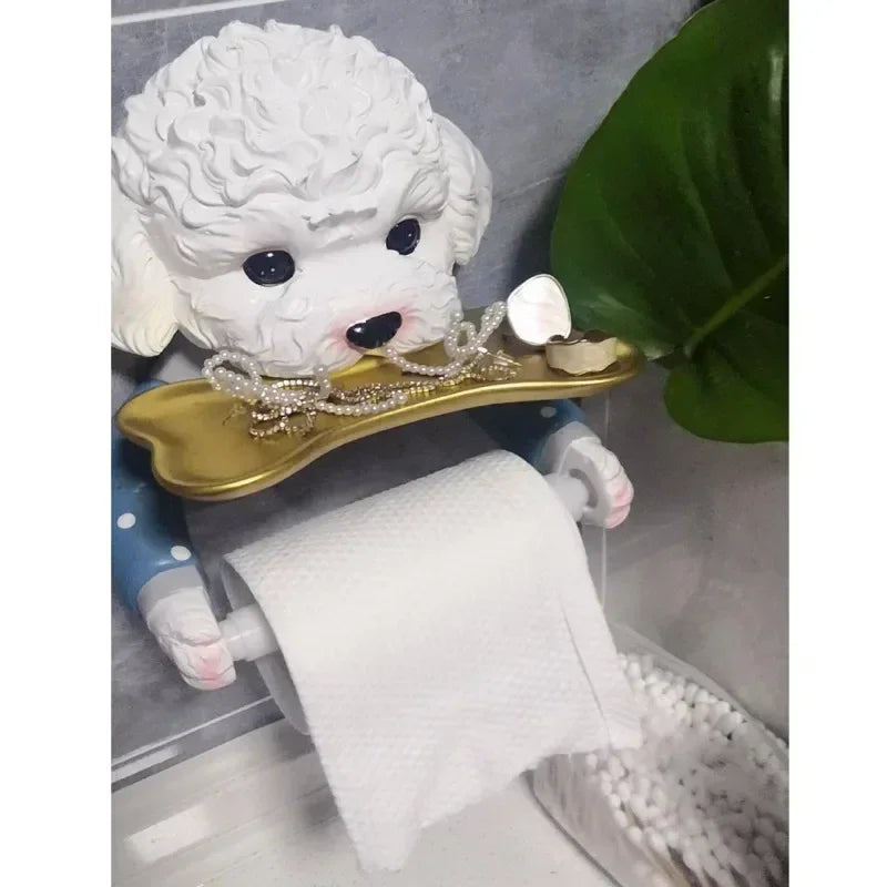 Suporte de papel higiênico para cachorro de pelúcia, desenho animado, sem perfuração, montagem na parede, rolo de papel higiênico, bandeja de armazenamento, decoração de banheiro