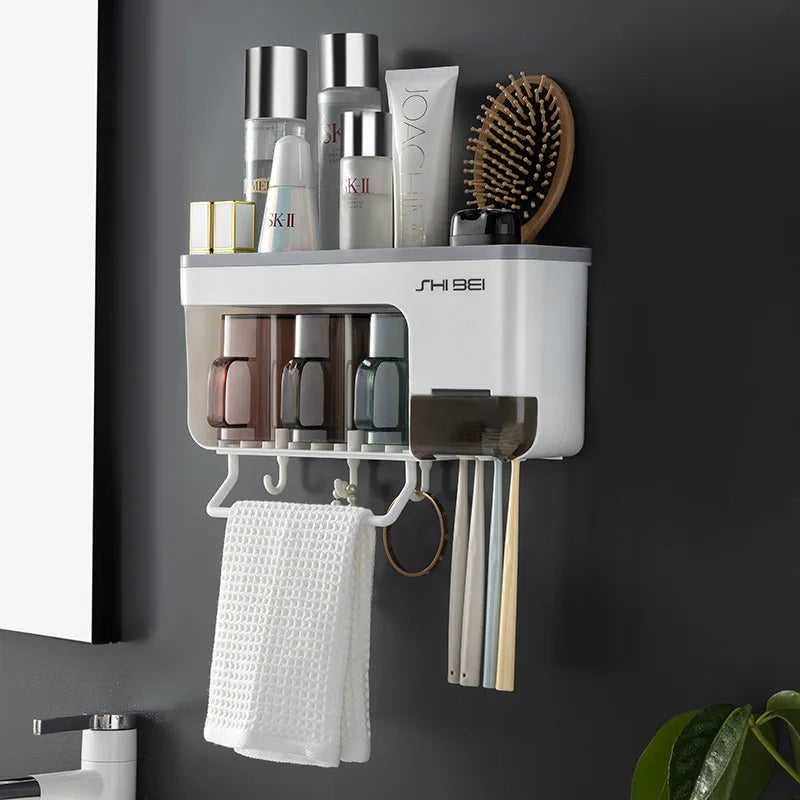 Suporte de parede para escova de dentes, com copo, rack de armazenamento multifuncional para escova de dentes, pasta de dente, toalha suspensa, organizadores de banheiro