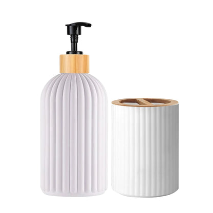 Elegante Conjunto de Acessórios para Banheiro em Plástico com Detalhes em Madeira