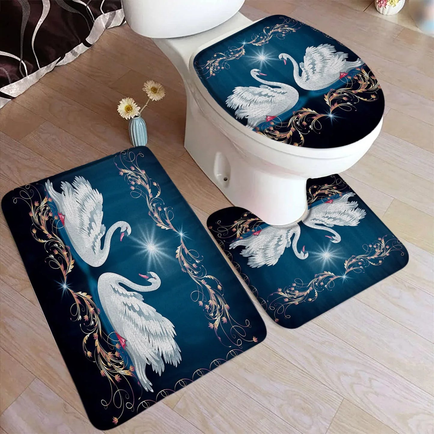 Floral branco cisne conjunto tapete de banho vermelho rosa flor animal reflexão água preto casa tapete decoração do banheiro tapetes capa toalete