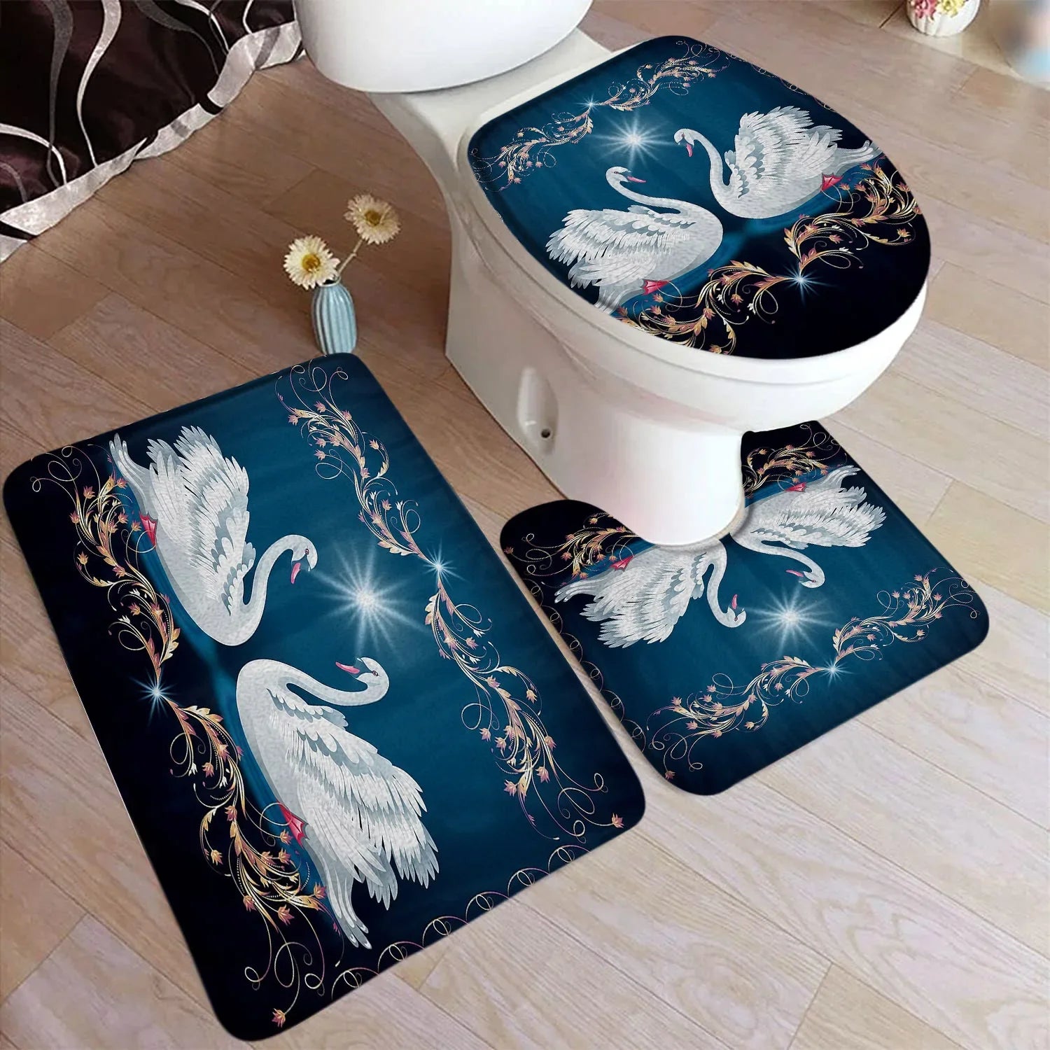 Floral branco cisne conjunto tapete de banho vermelho rosa flor animal reflexão água preto casa tapete decoração do banheiro tapetes capa toalete