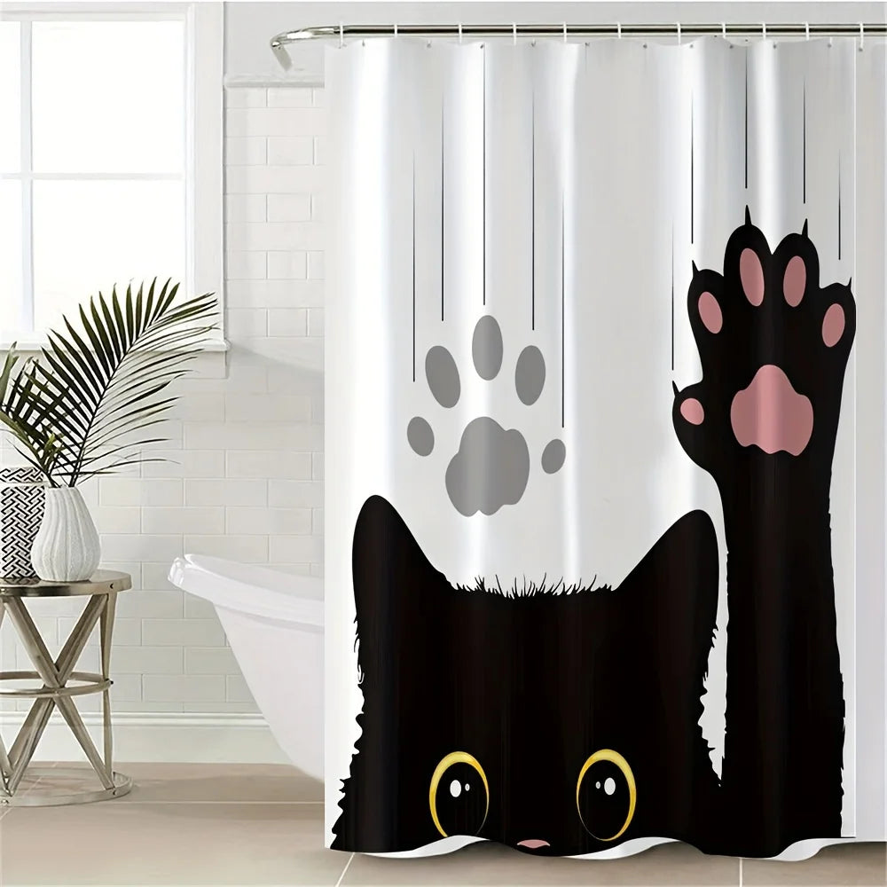 Conjunto de cortina de banheiro de gato preto de 4 peças, conjunto de cortina de banheiro à prova d'água impressa em 3D digital, cortina de banheiro sem furos