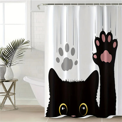 Conjunto de cortina de banheiro de gato preto de 4 peças, conjunto de cortina de banheiro à prova d'água impressa em 3D digital, cortina de banheiro sem furos
