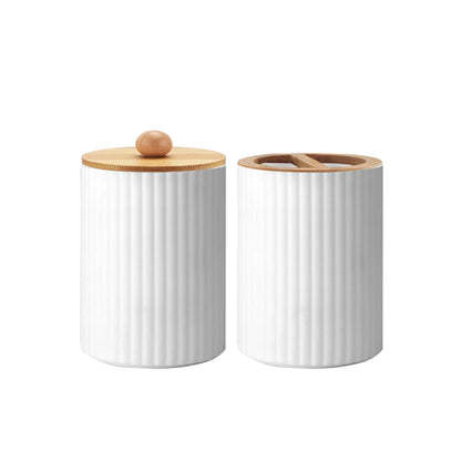 Elegante Conjunto de Acessórios para Banheiro em Plástico com Detalhes em Madeira