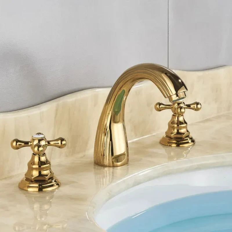 Antique Brass Classic Torneira De Pia De Banheiro, Double Cross Handle, 3 furos Banheiro, torneiras misturadoras, ouro, 3pcs