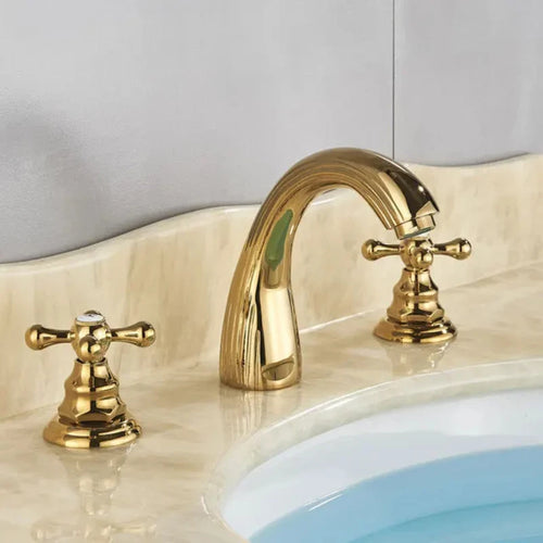Antique Brass Classic Torneira De Pia De Banheiro, Double Cross Handle, 3 furos Banheiro, torneiras misturadoras, ouro, 3pcs