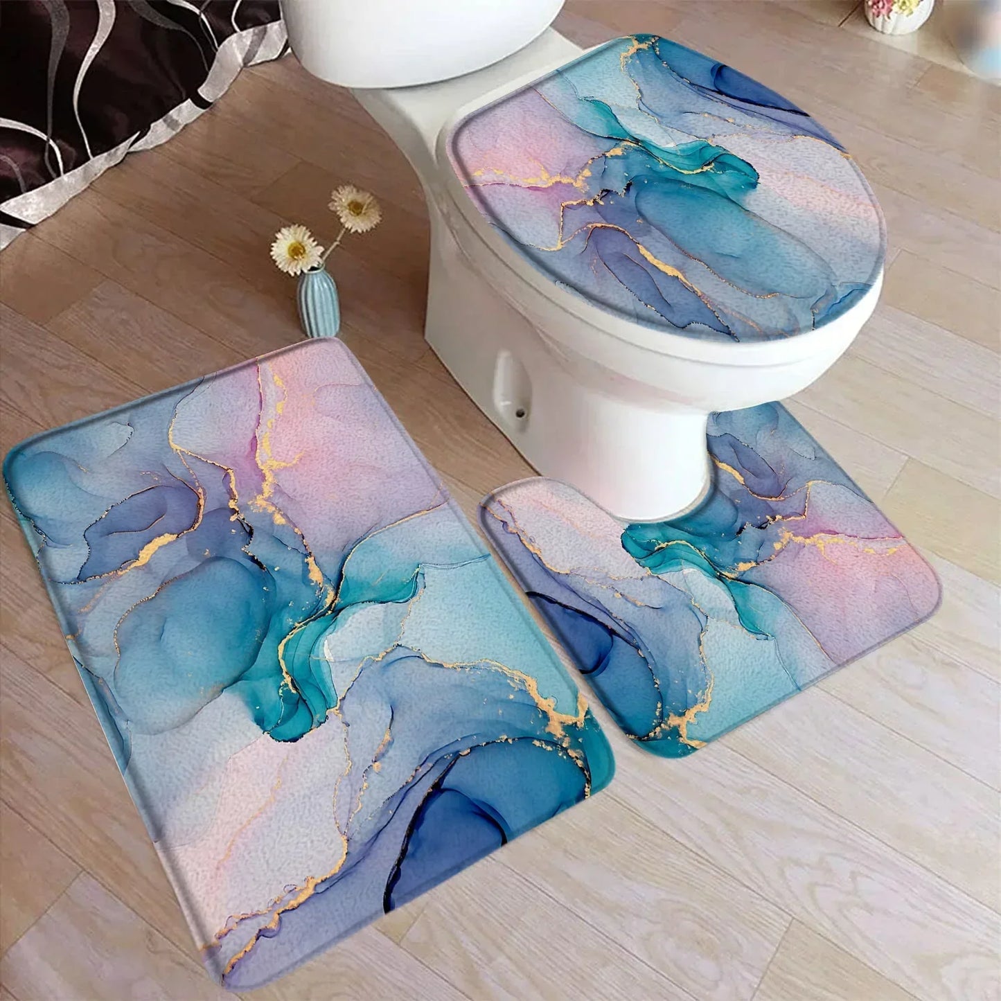 Conjunto de tapete de banho abstrato turquesa, arte moderna com tinta, padrão texturizado, decoração de banheiro, tampa de vaso sanitário