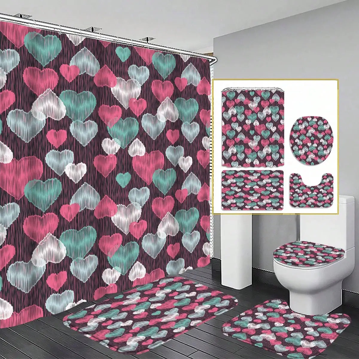 Conjunto de banheiro de 4 peças, cortina de chuveiro de tecido à prova d'água estilo palácio com 12 ganchos, tapete de banheiro antiderrapante, tampa de vaso sanitário em forma de u