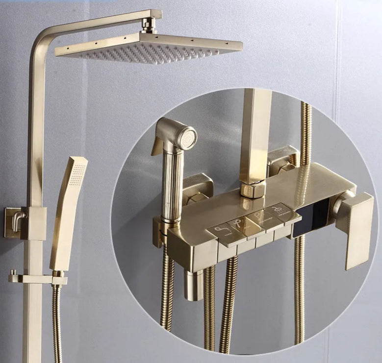 Conjunto de Sistema Digital Termostático Digital para Chuveiro, Torneira Quente e Fria, Ouro Escovado, Latão, Acessórios do banheiro
