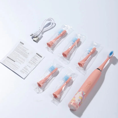 Crianças escova de dentes elétrica dos desenhos animados crianças com cabeça substituição ultra sônica ipx7 à prova dwaterproof água recarregável sonic escova