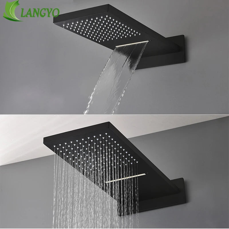 Preto 16 "ultrafino aço inoxidável 304 cascata de aço inoxidável & chuvas cabeça chuveiro quadrado fixado na parede pulverizador