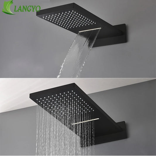 Preto 16 "ultrafino aço inoxidável 304 cascata de aço inoxidável & chuvas cabeça chuveiro quadrado fixado na parede pulverizador