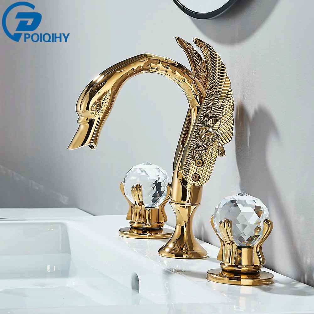 Poiqihy cisne torneira da bacia deck montado navio do banheiro pia misturadora alças duplas 3 furos generalizada torneira do banheiro dourada