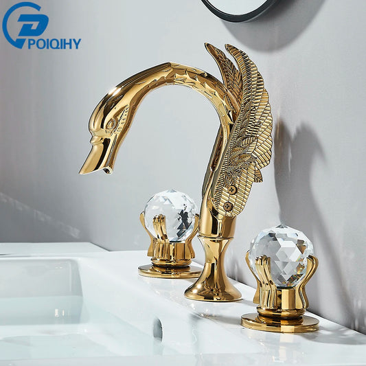 Poiqihy cisne torneira da bacia deck montado navio do banheiro pia misturadora alças duplas 3 furos generalizada torneira do banheiro dourada