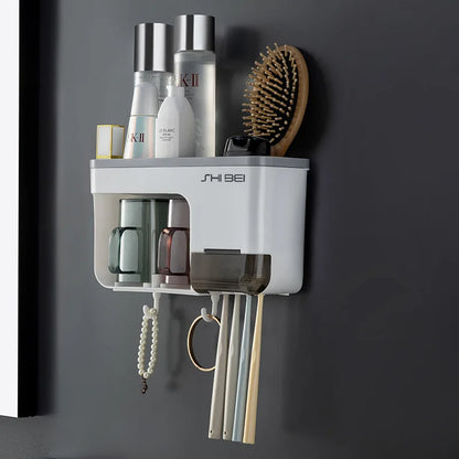 Suporte de parede para escova de dentes, com copo, rack de armazenamento multifuncional para escova de dentes, pasta de dente, toalha suspensa, organizadores de banheiro