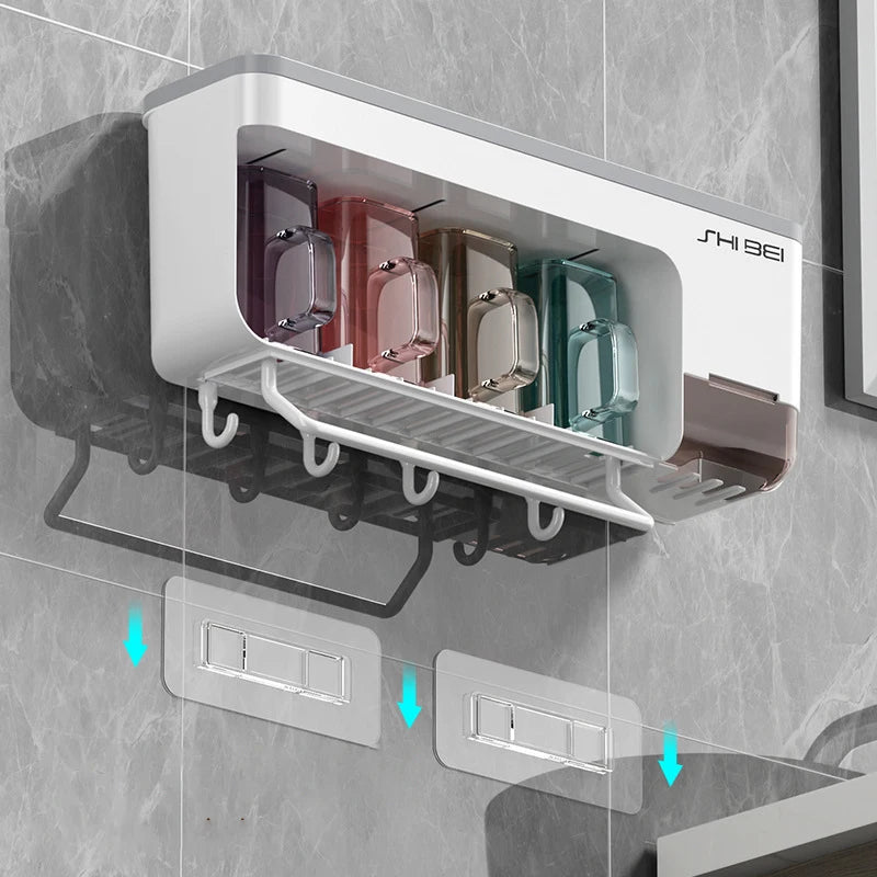 Suporte de parede para escova de dentes, com copo, rack de armazenamento multifuncional para escova de dentes, pasta de dente, toalha suspensa, organizadores de banheiro