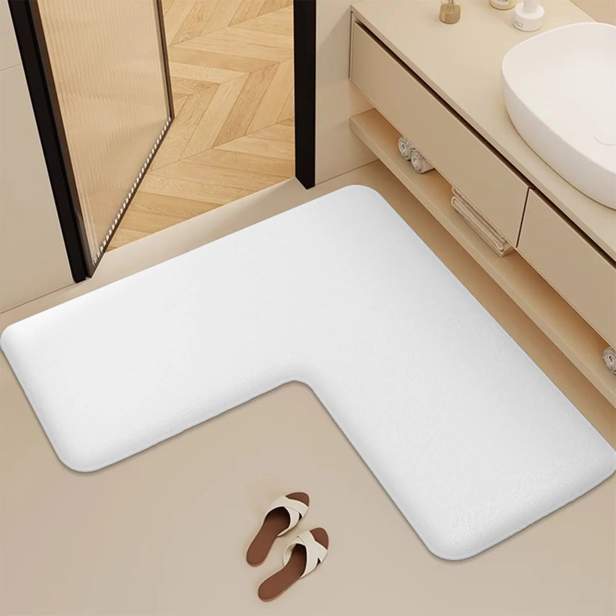 Tapete absorvente de flanela em forma de l para banheiro, tapete peludo para pés de banheiro, antiderrapante e resistente à sujeira
