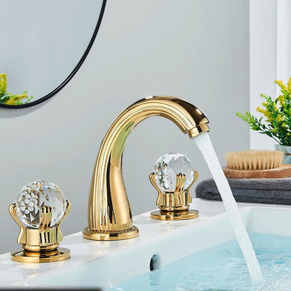 Torneira de bancada com punho de cristal, Gold Waterfall Basin Água quente e fria Latão de alta qualidade Alta qualidade