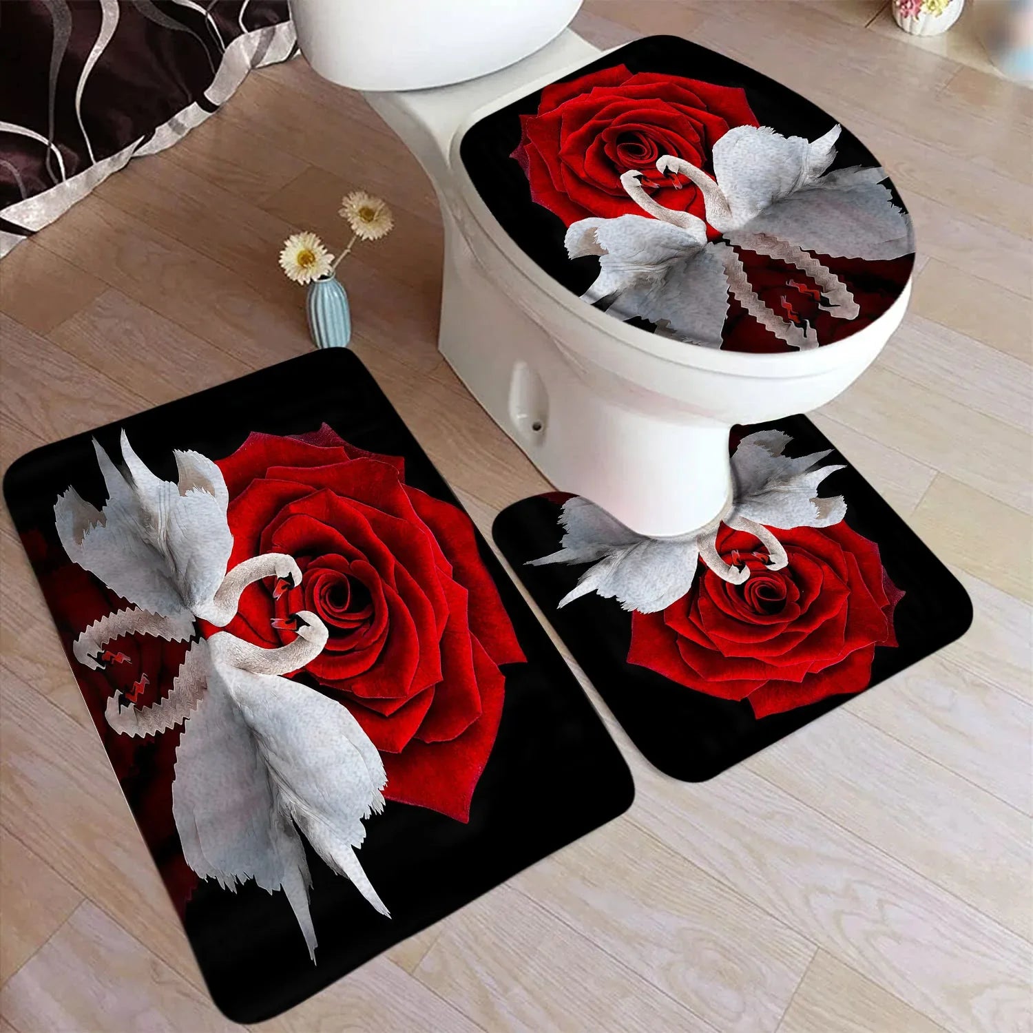 Floral branco cisne conjunto tapete de banho vermelho rosa flor animal reflexão água preto casa tapete decoração do banheiro tapetes capa toalete