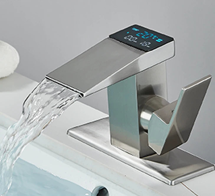 Torneira para pia de banheiro com display digital inteligente, temperatura de água quente e fria, led, cascata, misturador de deck de banheiro