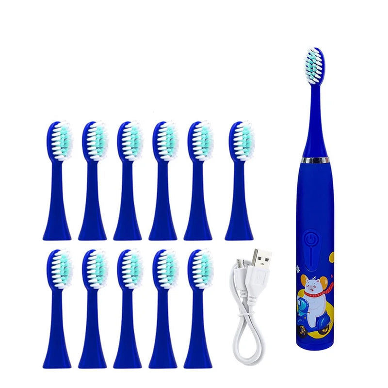 Crianças escova de dentes elétrica dos desenhos animados crianças com cabeça substituição ultra sônica ipx7 à prova dwaterproof água recarregável sonic escova