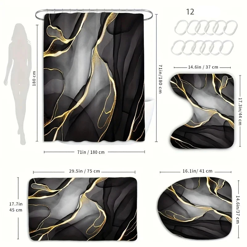 1/4 pces preto dourado padrão de mármore conjunto de banheiro, cortina de chuveiro multifuncional impermeável e isolante, com 12 ganchos, não-sl