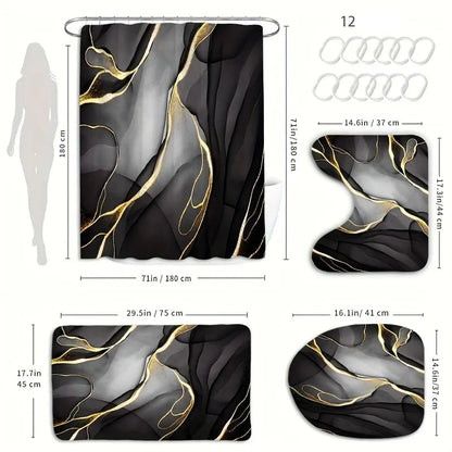 1/4 pces preto dourado padrão de mármore conjunto de banheiro, cortina de chuveiro multifuncional impermeável e isolante, com 12 ganchos, não-sl