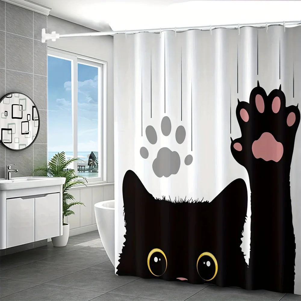Conjunto de cortina de banheiro de gato preto de 4 peças, conjunto de cortina de banheiro à prova d'água impressa em 3D digital, cortina de banheiro sem furos