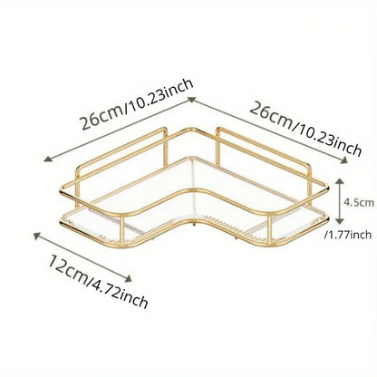 Prateleiras do banheiro douradas, rack de armazenamento triangular montado na parede, acrílico, lavagem das mãos e mesa de lavagem, banheiro, canto dobrável