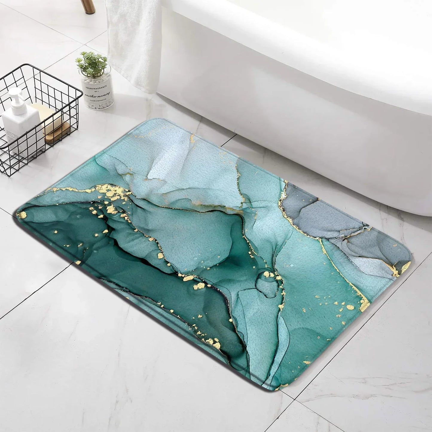 Conjunto de tapete de banho abstrato turquesa, arte moderna com tinta, padrão texturizado, decoração de banheiro, tampa de vaso sanitário
