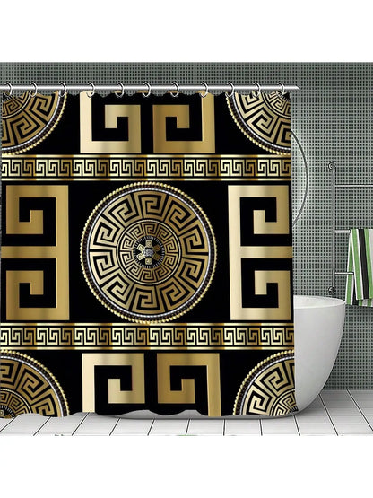 Conjunto de banheiro de 4 peças, cortina de chuveiro de tecido à prova d'água estilo palácio com 12 ganchos, tapete de banheiro antiderrapante, tampa de vaso sanitário em forma de u