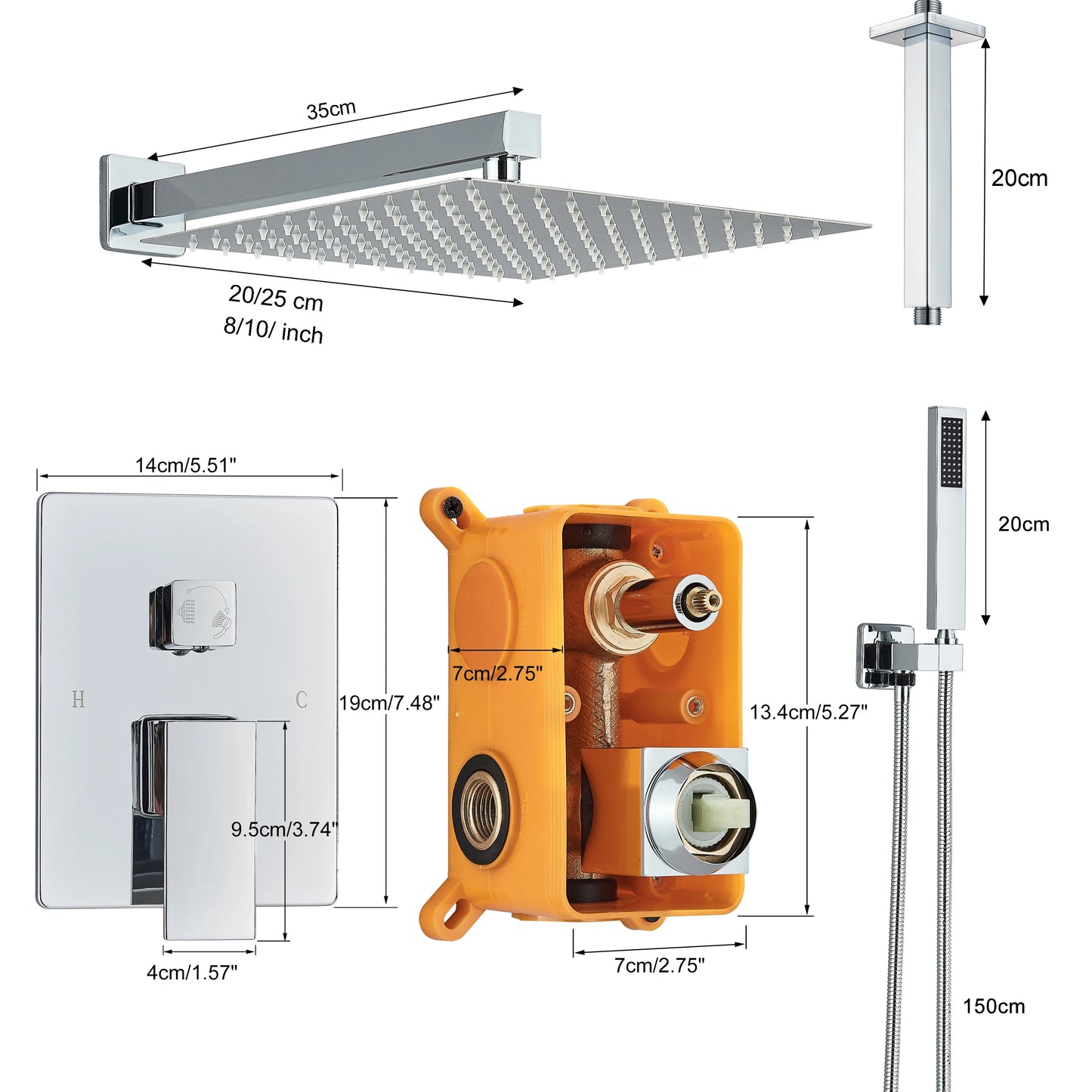Conjunto de chuveiro cromado oculto, torneira do chuveiro do banheiro, misturador de chuveiro, cascata, chuveiro de chuva, 2 maneiras, válvula misturadora de latão