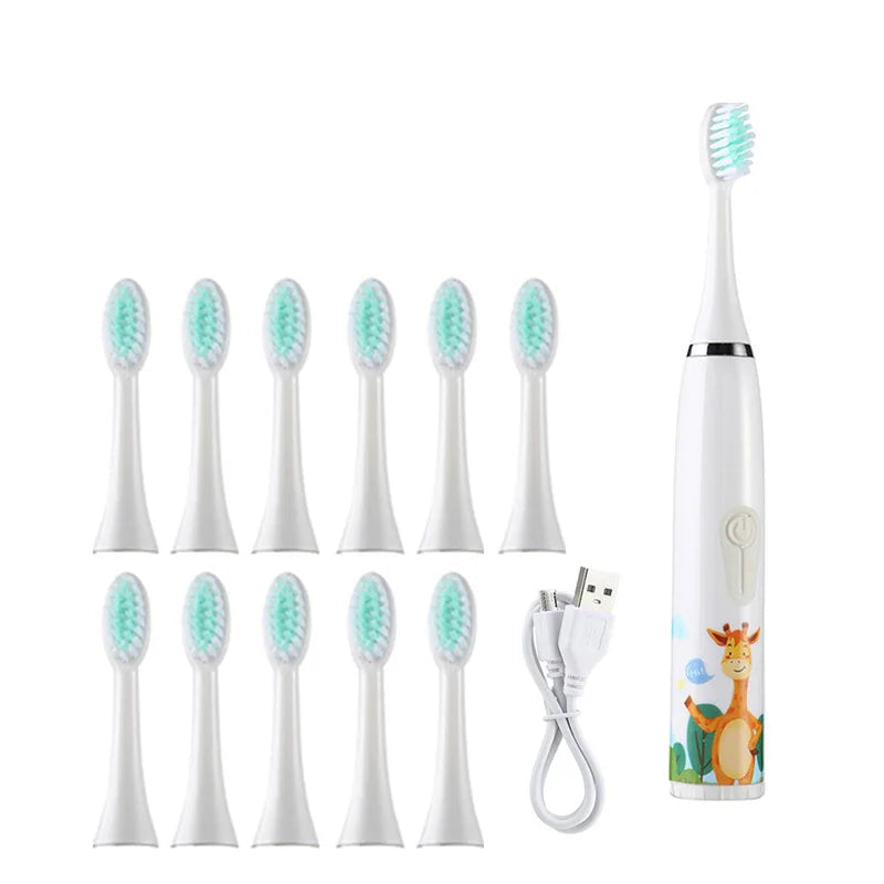 Crianças escova de dentes elétrica dos desenhos animados crianças com cabeça substituição ultra sônica ipx7 à prova dwaterproof água recarregável sonic escova