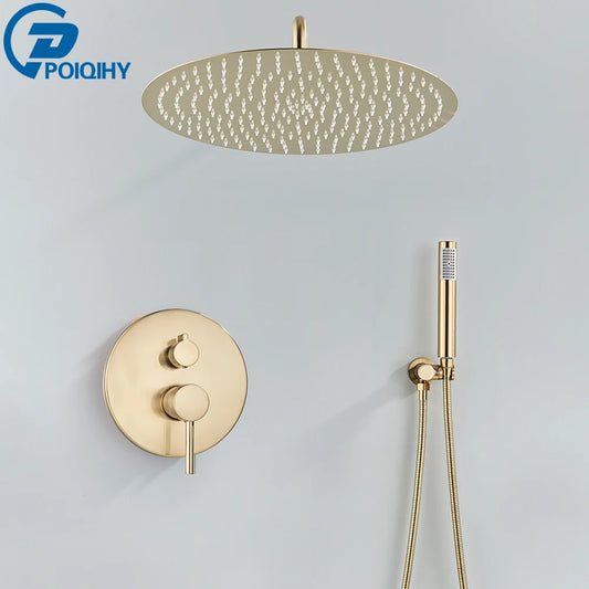 Torneira de chuveiro dourada escovada, embutida em 2 maneiras, misturadores de chuveiro, montagem na parede, chuveiro de banheiro, cabeça de aço inoxidável