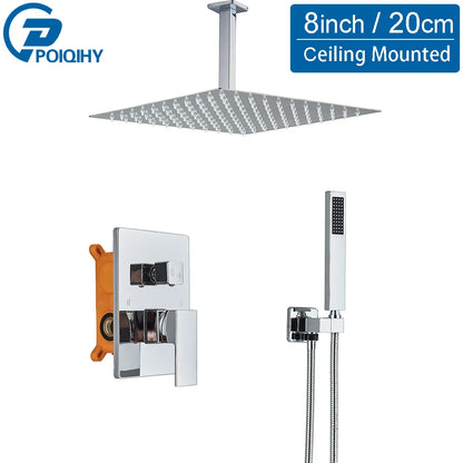 Conjunto de chuveiro cromado oculto, torneira do chuveiro do banheiro, misturador de chuveiro, cascata, chuveiro de chuva, 2 maneiras, válvula misturadora de latão