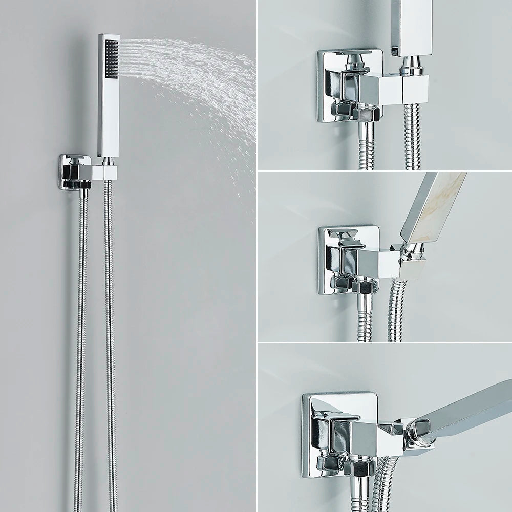 Conjunto de chuveiro cromado oculto, torneira do chuveiro do banheiro, misturador de chuveiro, cascata, chuveiro de chuva, 2 maneiras, válvula misturadora de latão