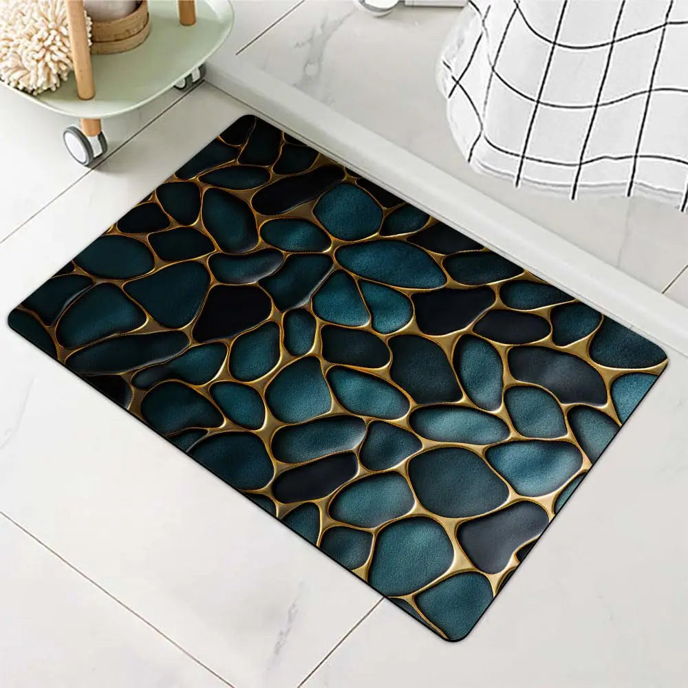 Tapete de banho de terra diatomácea, pedras azuis e douradas, volume antiderrapante, super absorvente, secagem rápida para banheiro, cozinha
