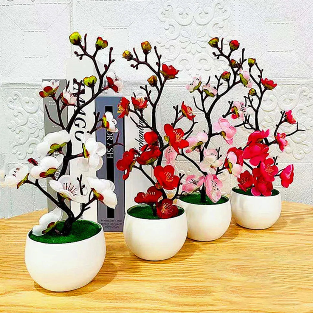 Bonsai flores de seda flores de ameixa planta artificial flores falsas pote flores sakura galhos de árvore decoração do quarto casa