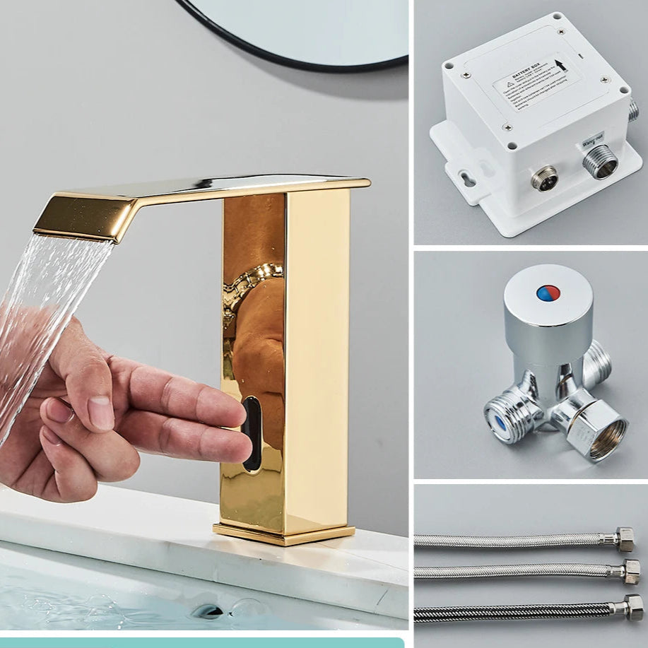 Rozin preto inteligente sensor torneira da bacia do banheiro touchless automático sentido misturador cachoeira água quente e fria lavatório guindaste